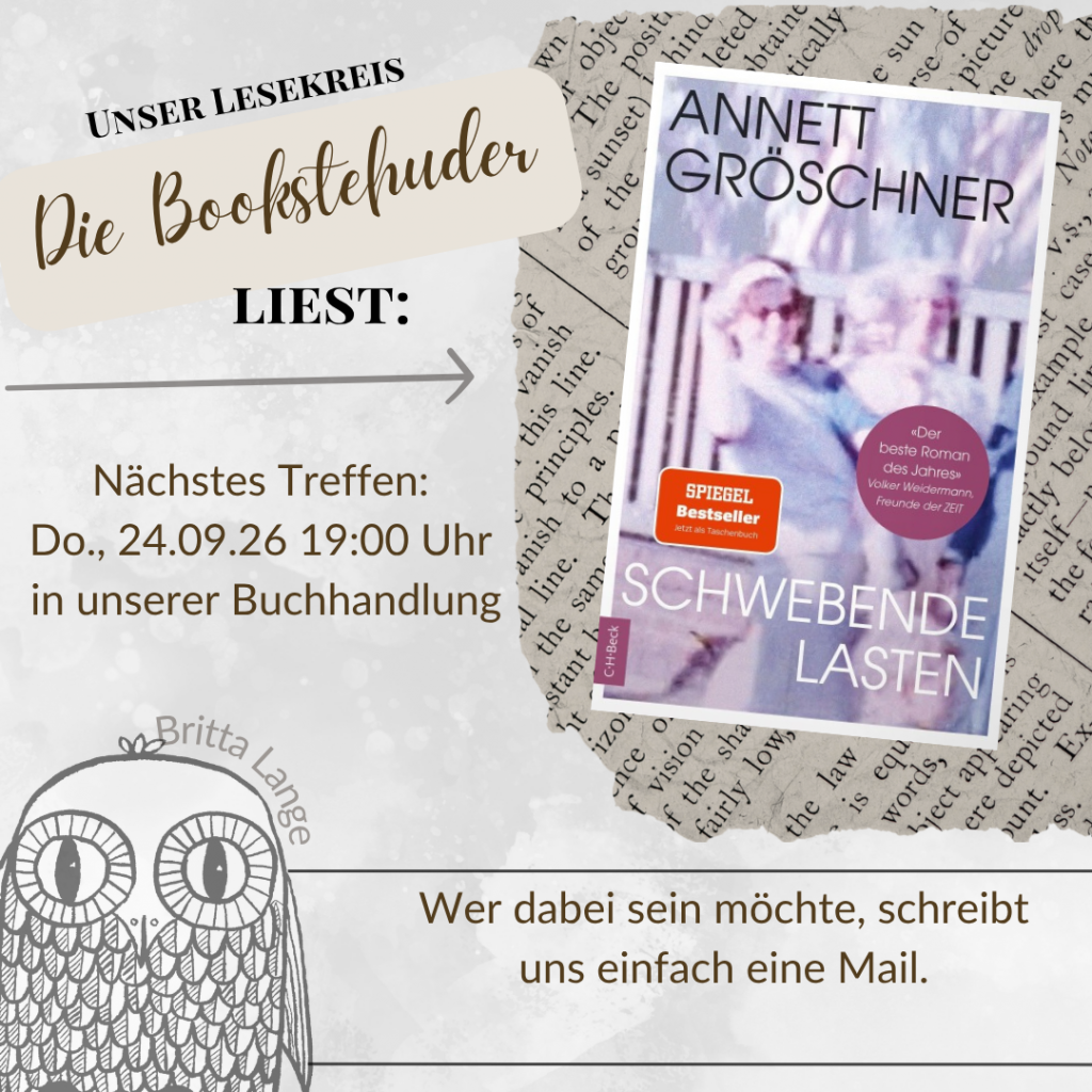 Eine Übersicht der Daten für das nächste Treffen inklusive dem Buchcover für "Schwebende Lasten"