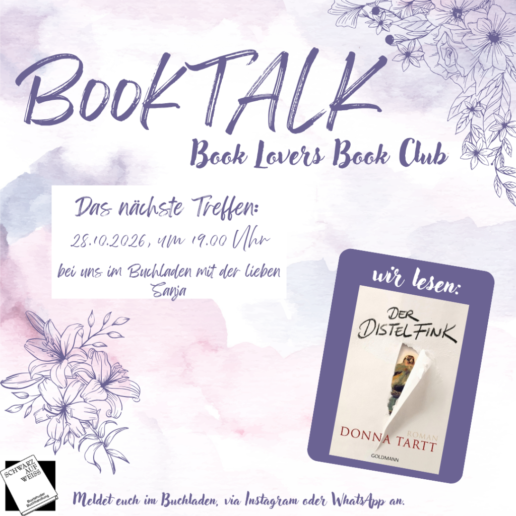 Eine Übersicht mit den Daten zum nächsten Treffen des BookTALK Buchclubs und die aktuellen Bücher, die gelesen werden.