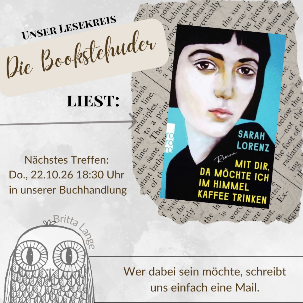 Übersicht für das nächste Buchclub Treffen der Bookstehuder mit dem Termin und dem aktuellen Buch