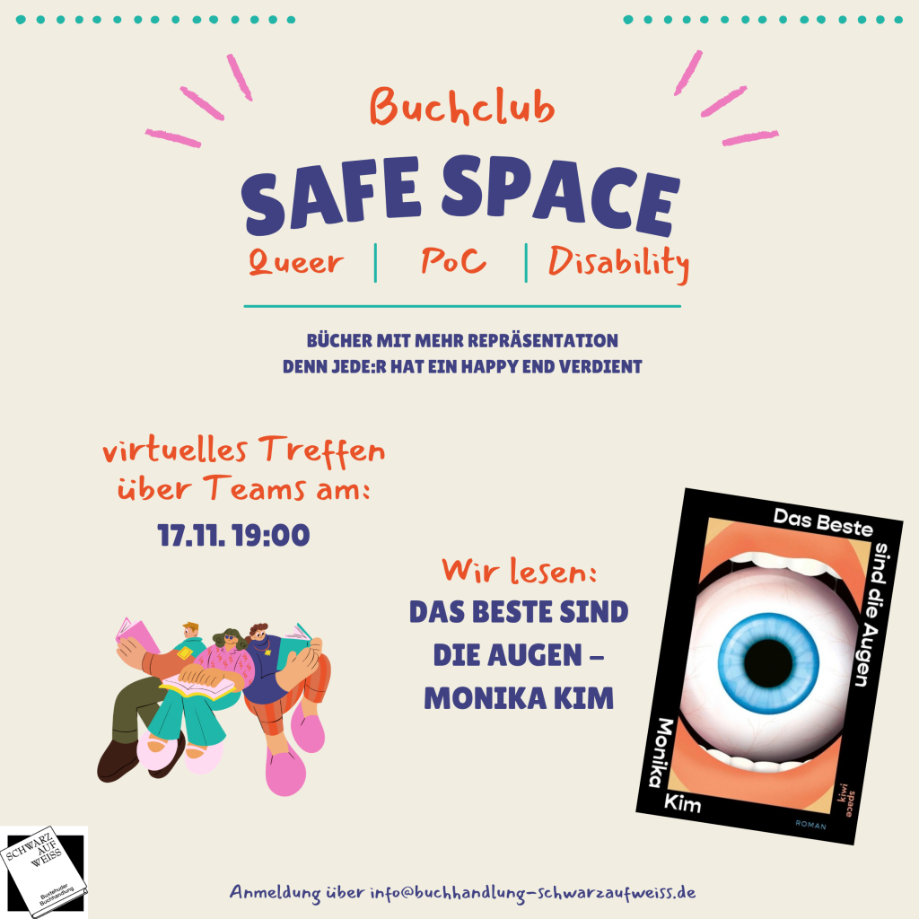 Das Poster zum Safe Space Buchclub mit dem aktuellen Buch und dem nächsten Termin